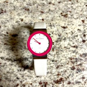 Skagen Ladies White Leather Watch with Pink Trim and Silver Accents